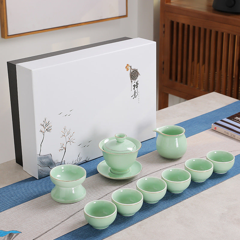 Dehua Zen 10-Piece Gold-Accented Porcelain Tea Set