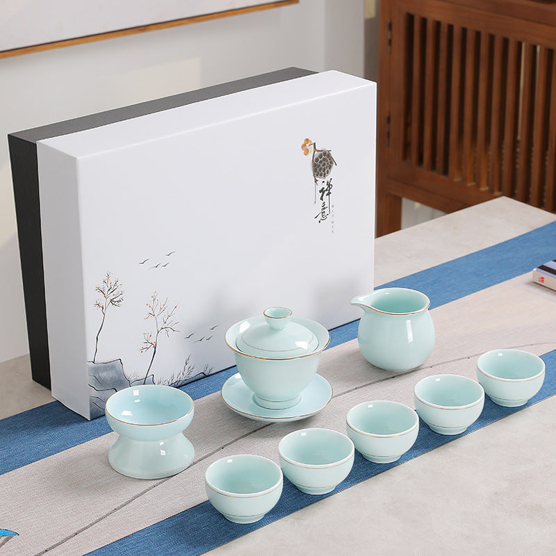 Dehua Zen 10-Piece Gold-Accented Porcelain Tea Set