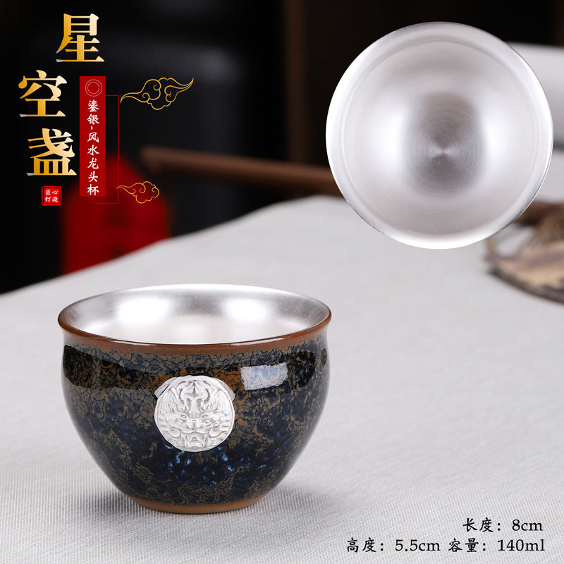 Gilded Dragon Head Partridge Feather Tenmoku Cup - 110ml