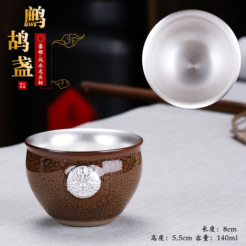 Gilded Dragon Head Partridge Feather Tenmoku Cup - 110ml