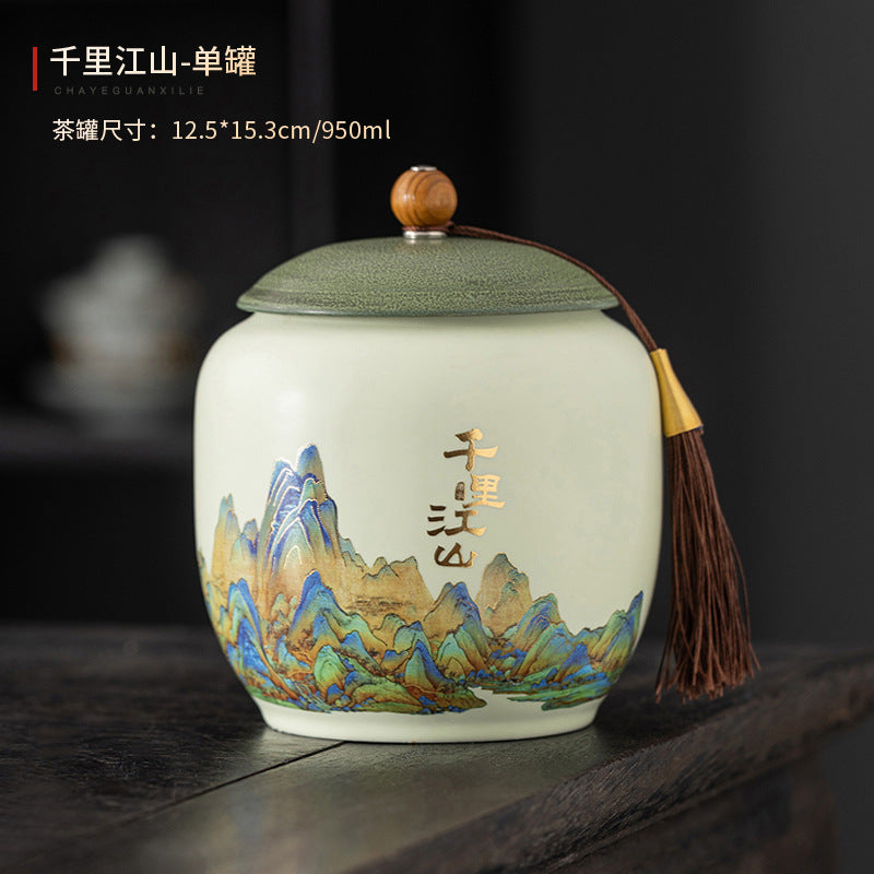 Thousand Miles Landscape Rattan-Wrapped Ceramic Tea Caddy
