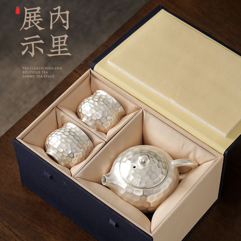 Pure Ag999 Silver-Gilded Gongfu Teapot & Cup Set