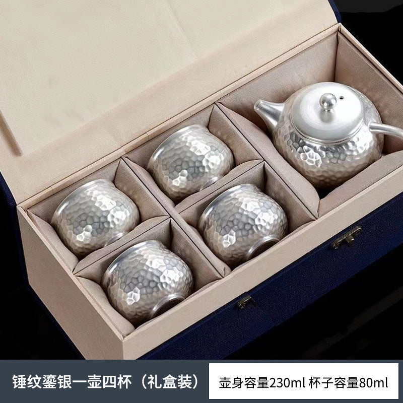 Pure Ag999 Silver-Gilded Gongfu Teapot & Cup Set