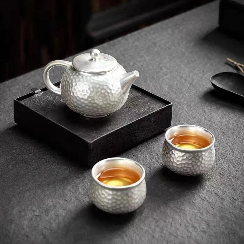 Pure Ag999 Silver-Gilded Gongfu Teapot & Cup Set