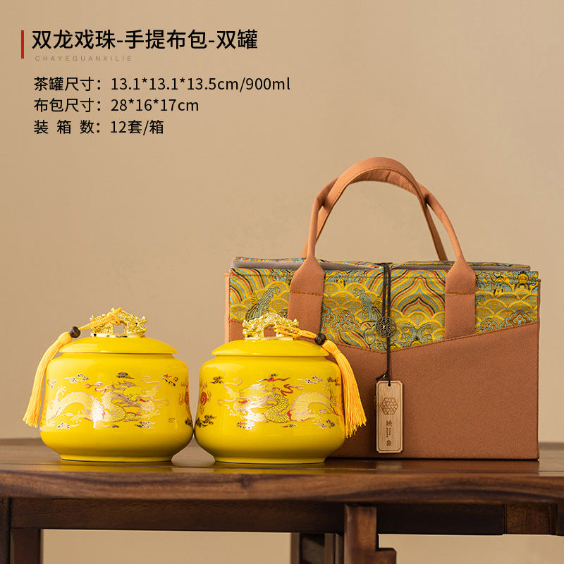 Twin Dragons Playing with Pearl Ceramic Tea Caddy - 200g