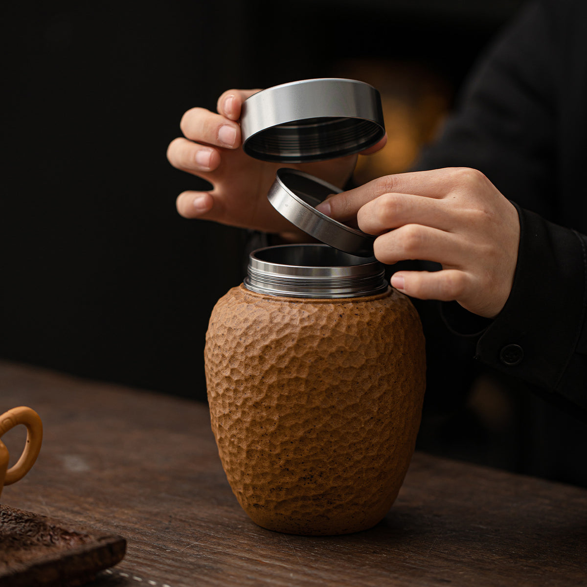 Hammered Texture Soy Glaze Ceramic Tea Caddy - 250g