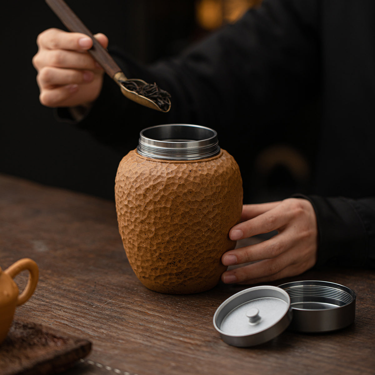 Hammered Texture Soy Glaze Ceramic Tea Caddy - 250g