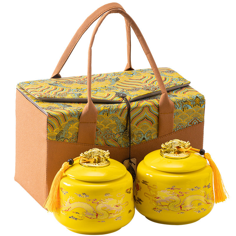 Twin Dragons Playing with Pearl Ceramic Tea Caddy - 200g