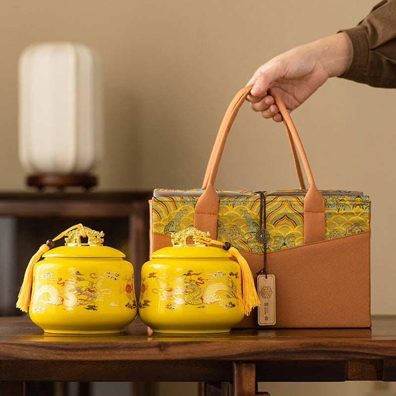 Twin Dragons Playing with Pearl Ceramic Tea Caddy - 200g