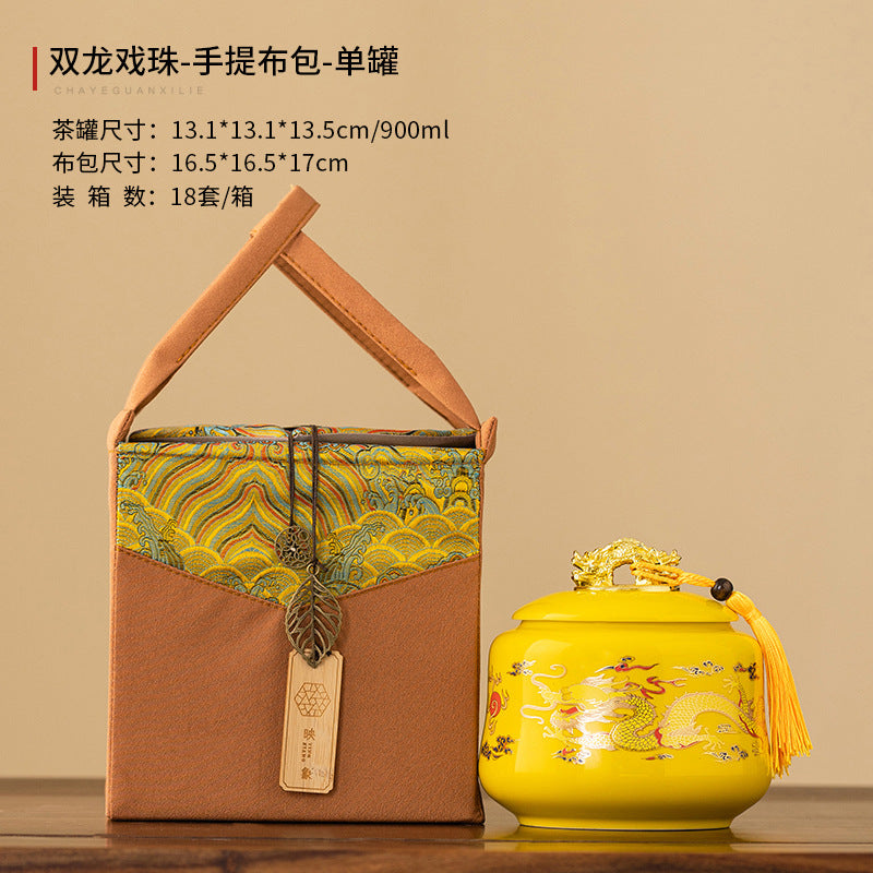 Twin Dragons Playing with Pearl Ceramic Tea Caddy - 200g