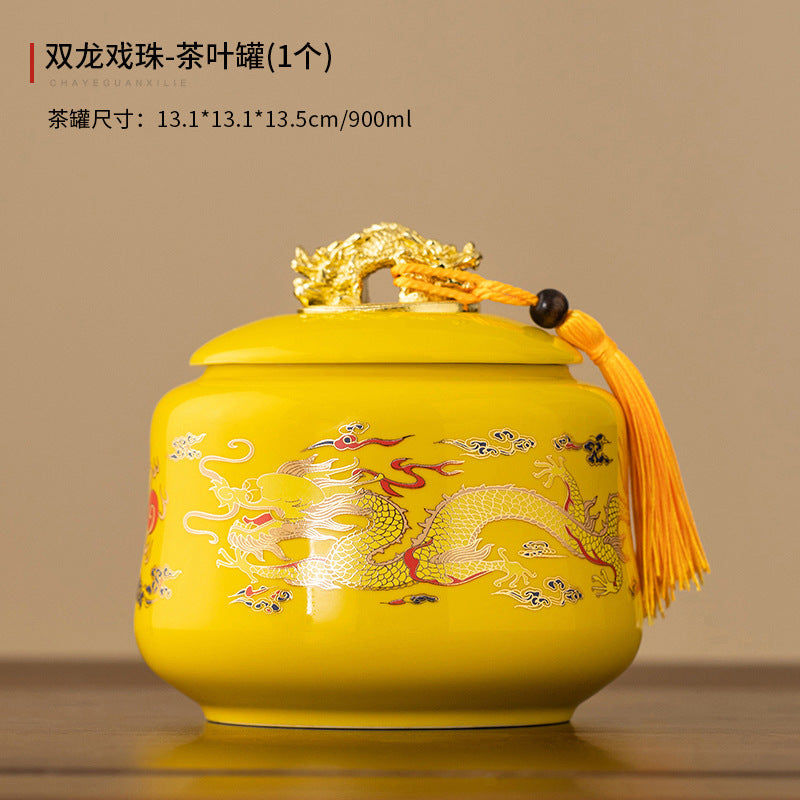 Twin Dragons Playing with Pearl Ceramic Tea Caddy - 200g