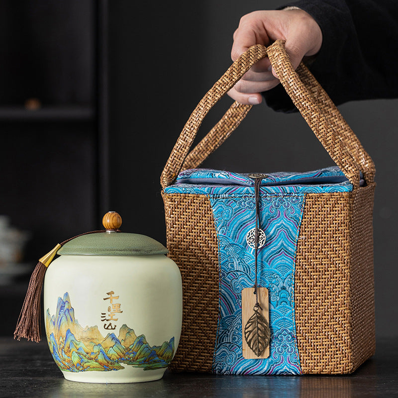Thousand Miles Landscape Rattan-Wrapped Ceramic Tea Caddy