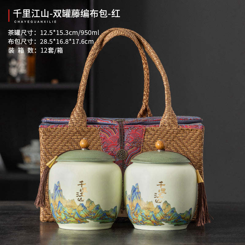 Thousand Miles Landscape Rattan-Wrapped Ceramic Tea Caddy