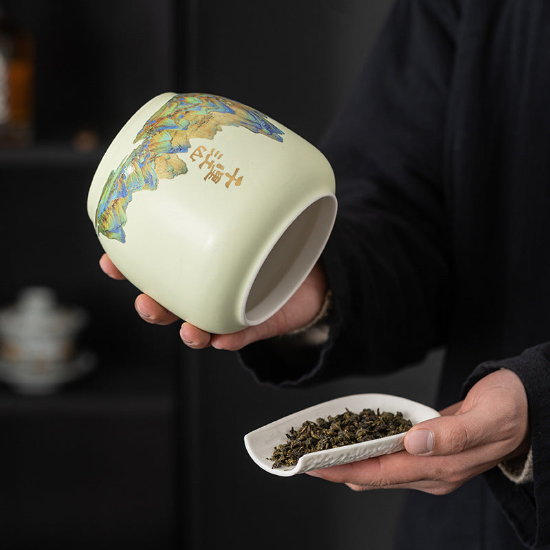 Thousand Miles Landscape Rattan-Wrapped Ceramic Tea Caddy