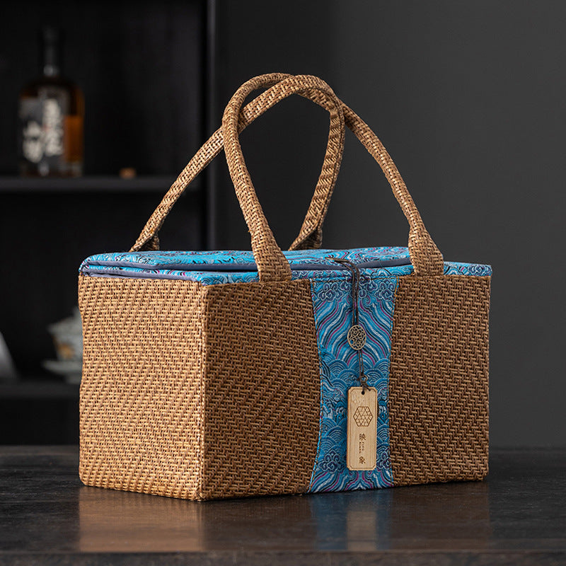 Thousand Miles Landscape Rattan-Wrapped Ceramic Tea Caddy