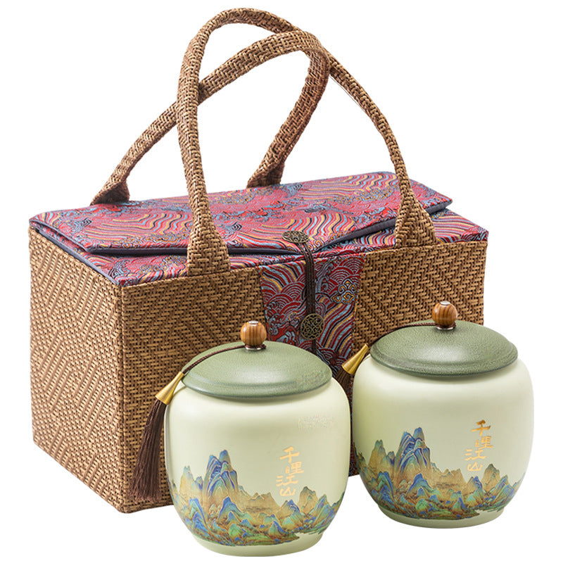 Thousand Miles Landscape Rattan-Wrapped Ceramic Tea Caddy