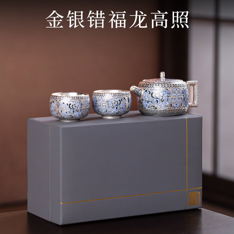 Pure Ag999 Silver-Gilded Square Teapot & Cup Set