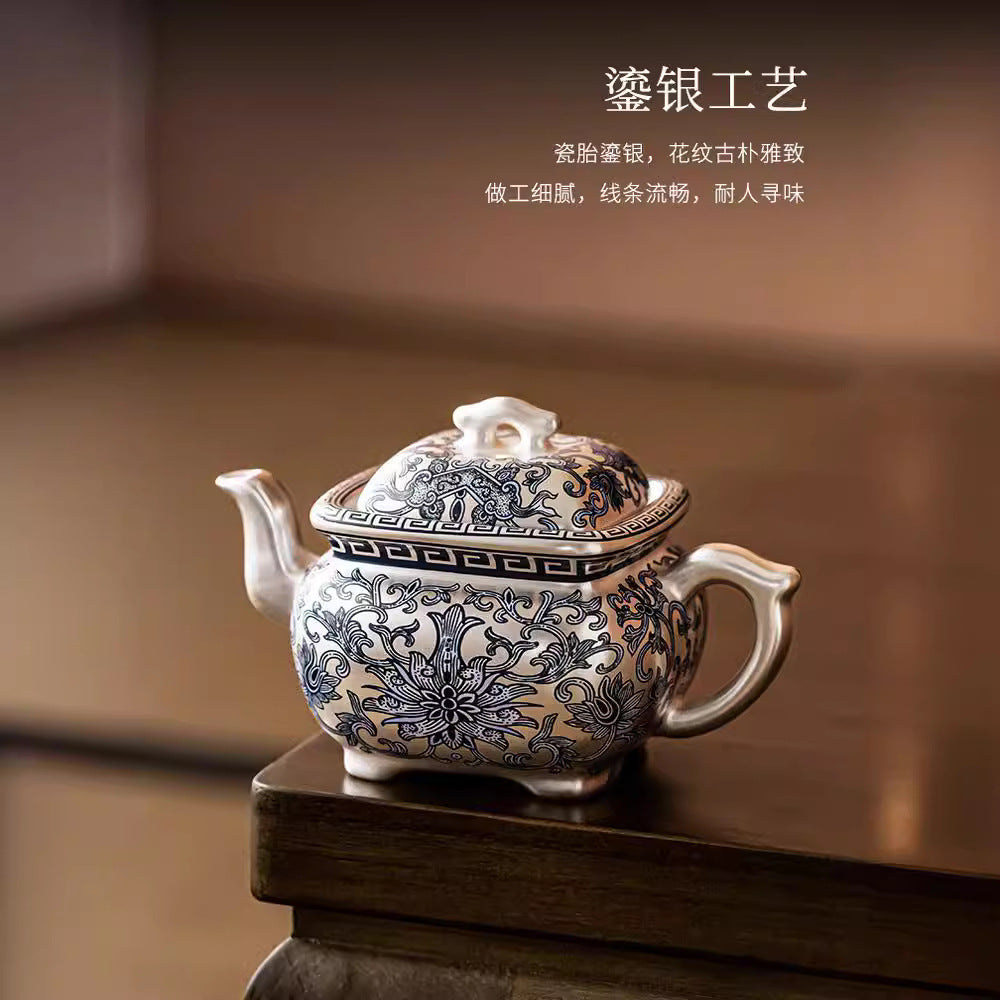 Pure Ag999 Silver-Gilded Square Teapot & Cup Set