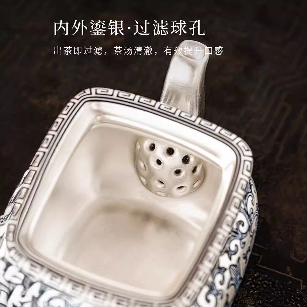 Pure Ag999 Silver-Gilded Square Teapot & Cup Set