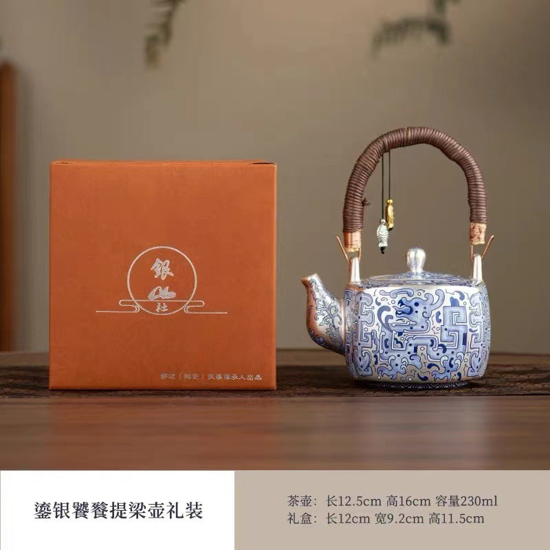 Pure Ag999 Silver-Gilded Square Teapot & Cup Set