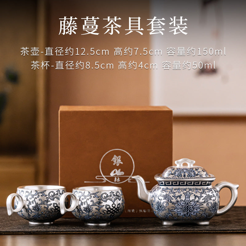 Pure Ag999 Silver-Gilded Square Teapot & Cup Set