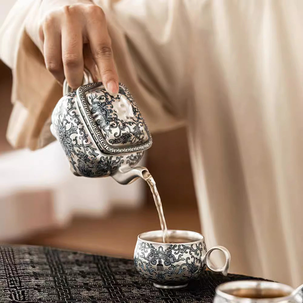 Pure Ag999 Silver-Gilded Square Teapot & Cup Set