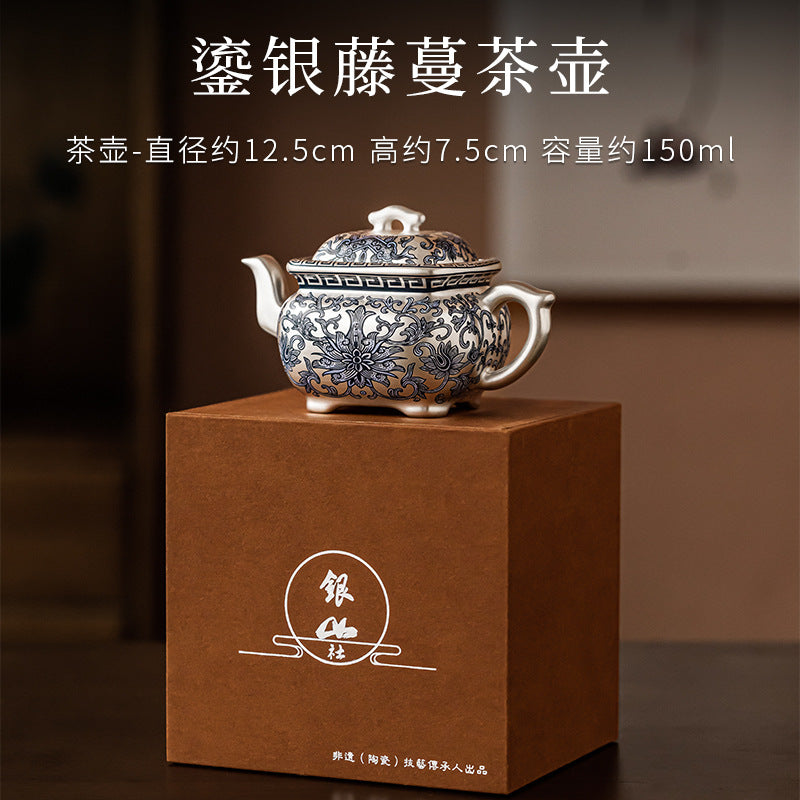 Pure Ag999 Silver-Gilded Square Teapot & Cup Set