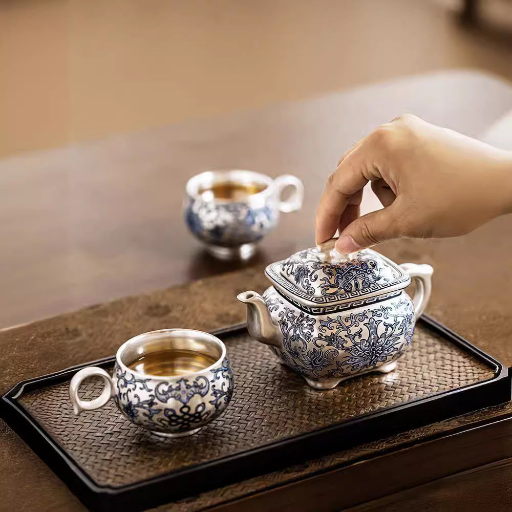 Pure Ag999 Silver-Gilded Square Teapot & Cup Set