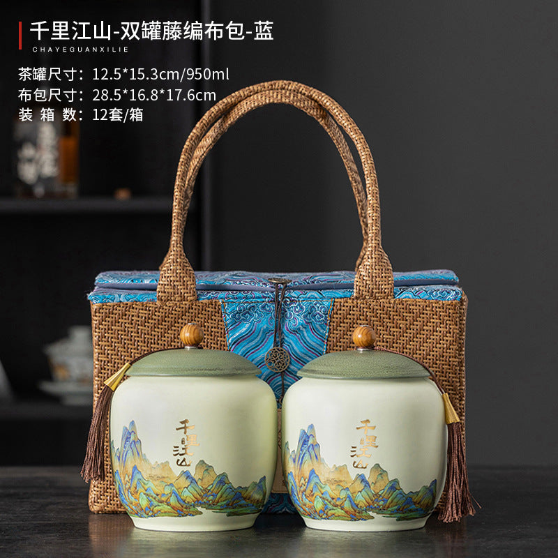 Thousand Miles Landscape Rattan-Wrapped Ceramic Tea Caddy
