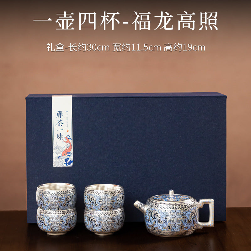 Pure Ag999 Silver-Gilded Square Teapot & Cup Set