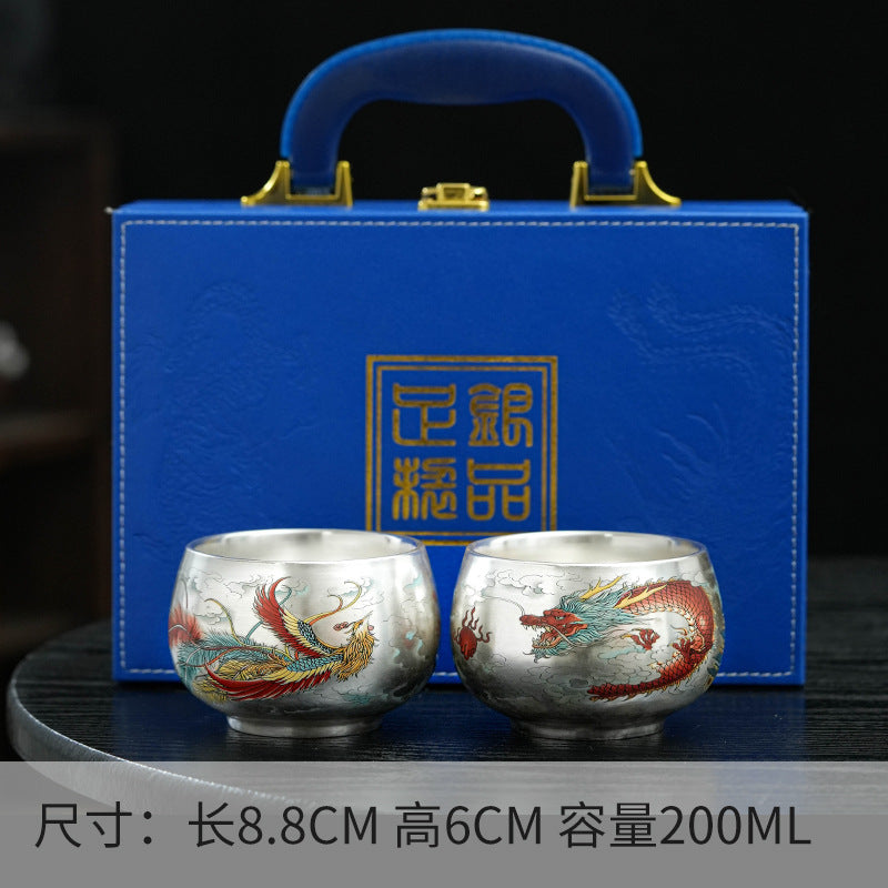 Pure Ag999 Silver Dragon & Phoenix Master Teacup Pair (Set of 2)