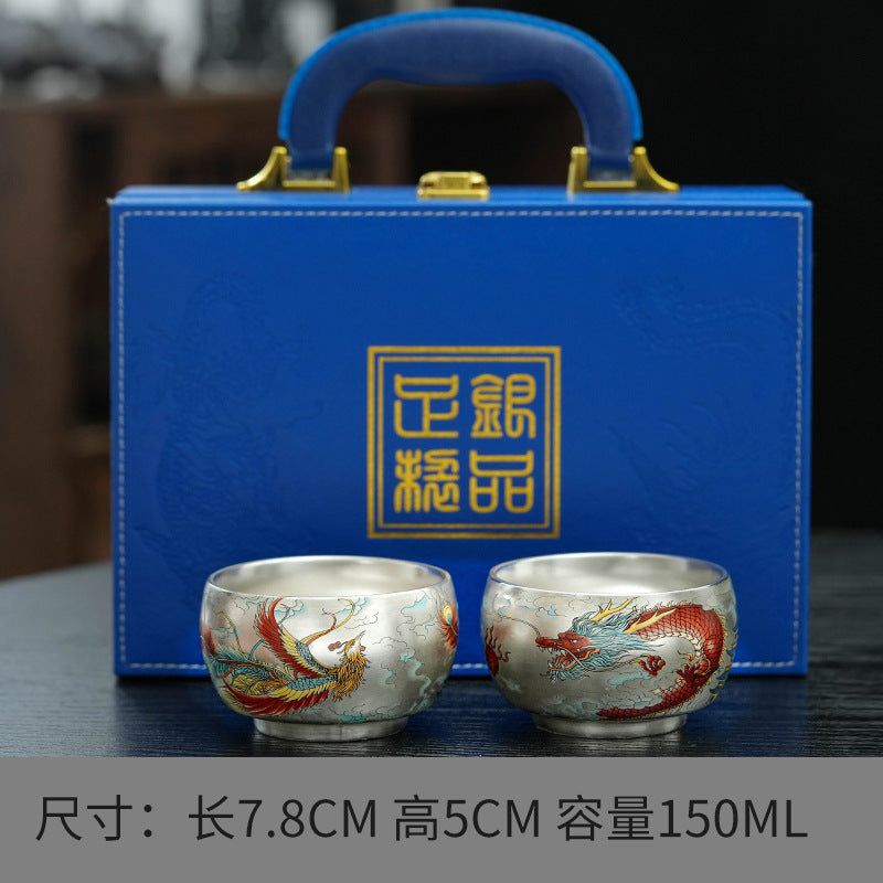 Pure Ag999 Silver Dragon & Phoenix Master Teacup Pair (Set of 2)