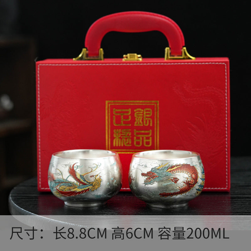 Pure Ag999 Silver Dragon & Phoenix Master Teacup Pair (Set of 2)