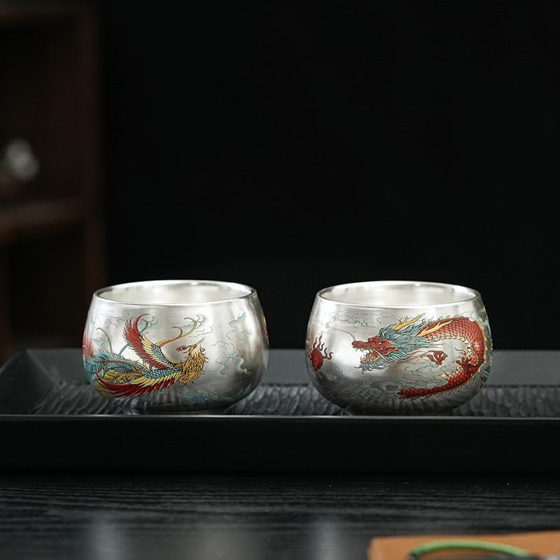 Pure Ag999 Silver Dragon & Phoenix Master Teacup Pair (Set of 2)