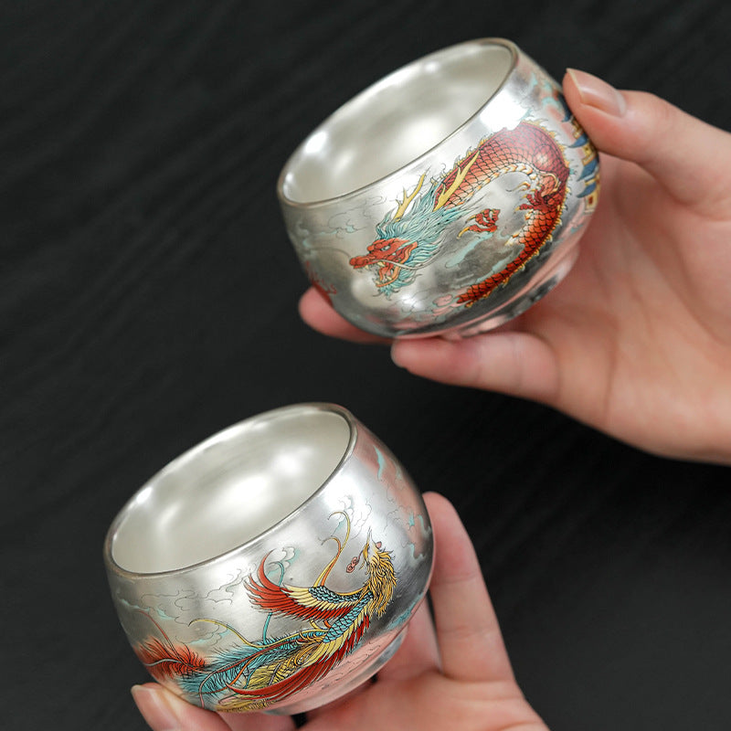 Pure Ag999 Silver Dragon & Phoenix Master Teacup Pair (Set of 2)