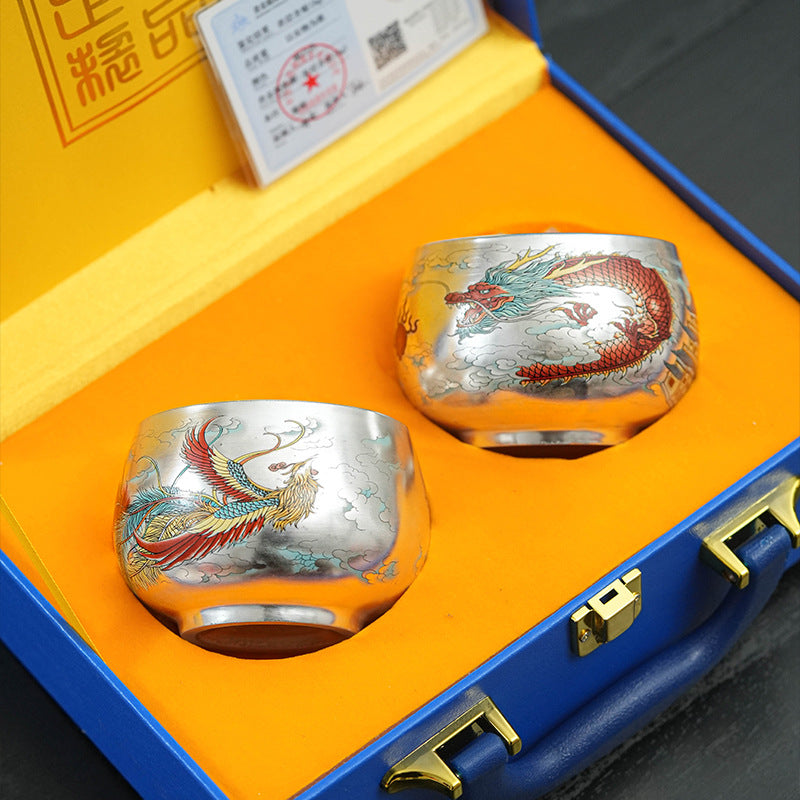 Pure Ag999 Silver Dragon & Phoenix Master Teacup Pair (Set of 2)