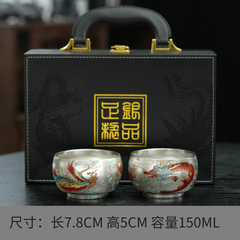 Pure Ag999 Silver Dragon & Phoenix Master Teacup Pair (Set of 2)