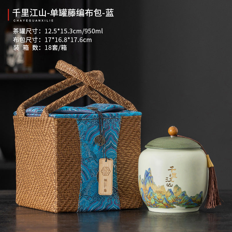 Thousand Miles Landscape Rattan-Wrapped Ceramic Tea Caddy