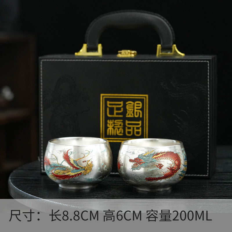 Pure Ag999 Silver Dragon & Phoenix Master Teacup Pair (Set of 2)