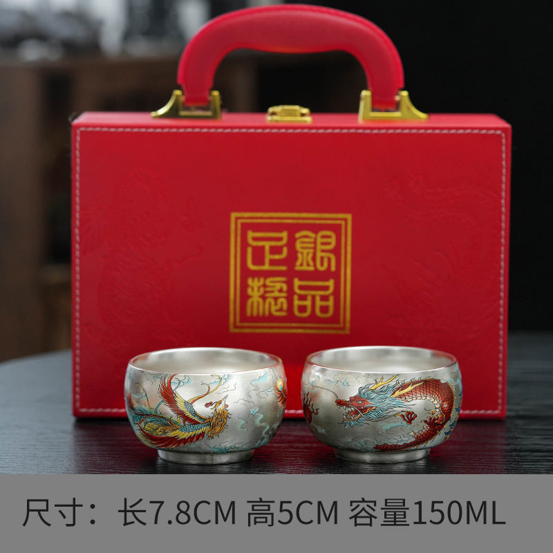 Pure Ag999 Silver Dragon & Phoenix Master Teacup Pair (Set of 2)