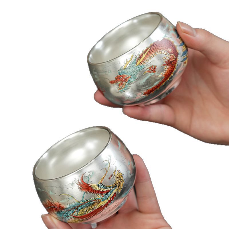 Pure Ag999 Silver Dragon & Phoenix Master Teacup Pair (Set of 2)