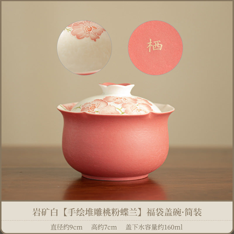 Authentic Rock Mineral White Relief Butterfly Orchid Lucky-Pouch Gaiwan - 165ml Tea Bowl