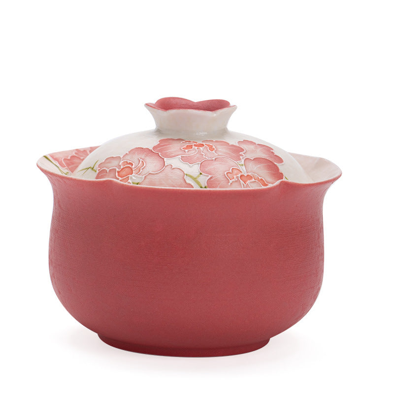 Authentic Rock Mineral White Relief Butterfly Orchid Lucky-Pouch Gaiwan - 165ml Tea Bowl