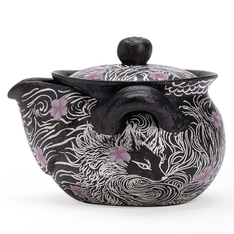 Authentic Black Pearl Old Rock Clay Nine-Tailed Fox Hand-Grip Teapot - 170ml Gongfu Pot