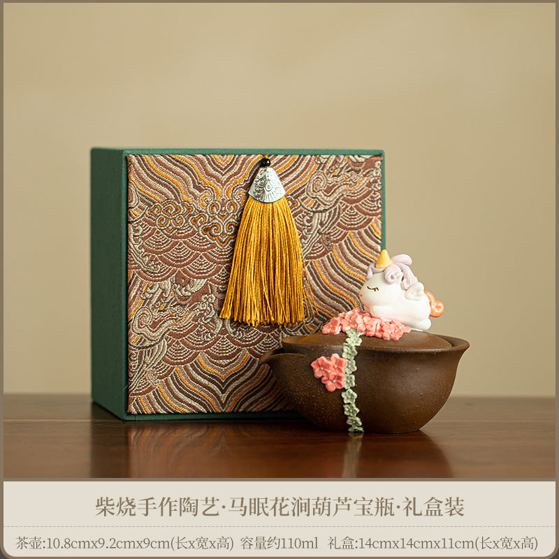 Authentic Wood-Fired Sleeping Steed Gourd Baoping Teapot - 175ml Luxury Gift Box