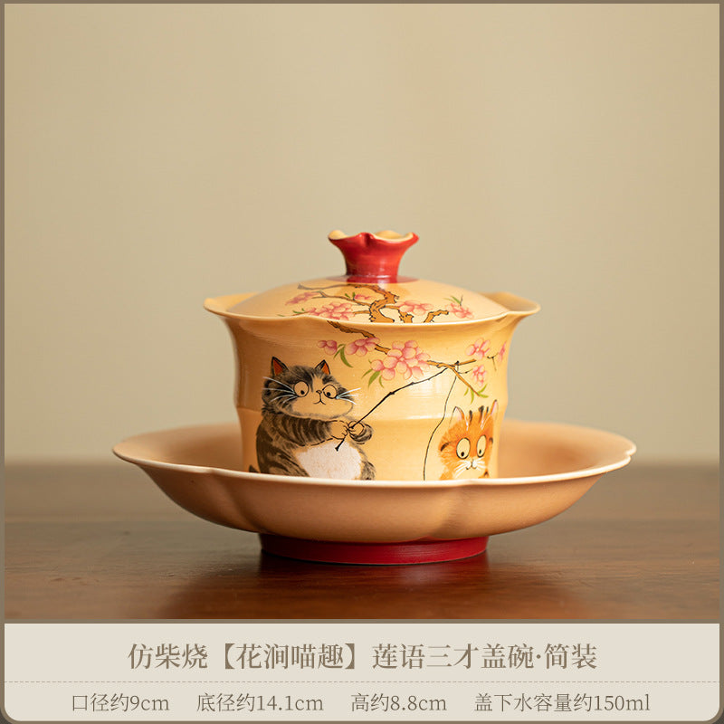 Authentic Vintage Wood-Fired Lotus Whisper Peach-Cat San Cai Gaiwan - 160ml Tea Bowl