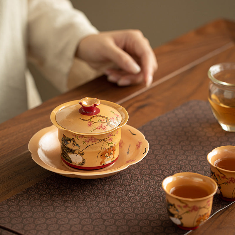 Authentic Vintage Wood-Fired Lotus Whisper Peach-Cat San Cai Gaiwan - 160ml Tea Bowl