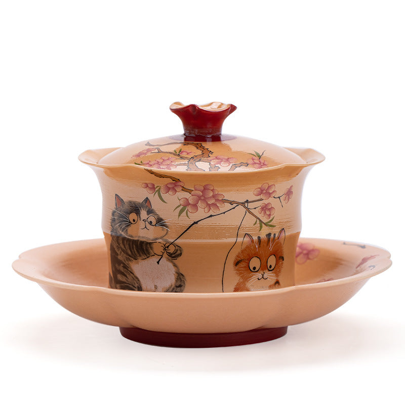Authentic Vintage Wood-Fired Lotus Whisper Peach-Cat San Cai Gaiwan - 160ml Tea Bowl