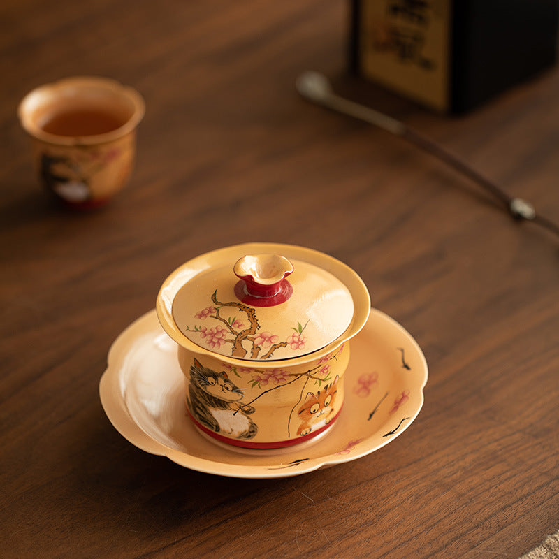 Authentic Vintage Wood-Fired Lotus Whisper Peach-Cat San Cai Gaiwan - 160ml Tea Bowl