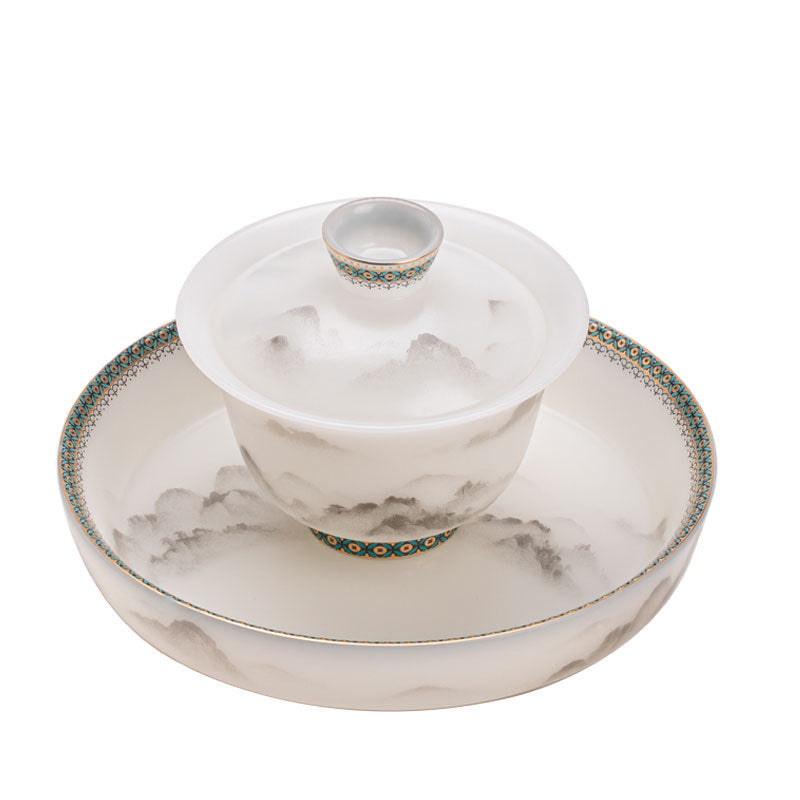 Luxury Dehua Mutton-Fat Jade Biscuit Mist Mountain Two-Talent Gaiwan & Pot Bearer Suite - 160ml